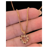 VINTAGE 14KT GOLD BOX CHAIN WITH 14KG HEART WITH GENUINE DIAMONDS & RUBIES 19" (APPROX 5.10 GRAMS)