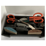 CONTAINER FULL OF HAND SANDERS, VINTAGE HEAVY DUTY WISS SNIPS, VINTAGE WISS HOOF TRIMMER & MORE