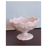 VINTAGE FOSTORIA PINK MILK GLASS FOOTED BOWL WITH RAISED BERRIES & LEAVES 5" ROUND X 3 3/4" TALL