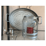 ASSORTMENT OF HOME DECOR TO INCLUDE GALVANIZED OVAL TRAY, LARGE GLASS/GALVANIZED CANDLE HOLDER & MORE