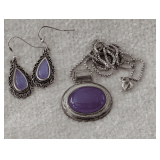 Sterling Silver Necklace and Earrings Set with Purple Stones