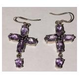 Sterling Silver Amethyst Cross Dangle Earrings 8.8 GRAMS  (Gemstones Tested With Presidium Duo Tester)