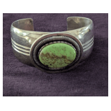Vintage Green Turquoise Navajo Cuff Bracelet Marked Sterling Silver Hallmark v v v / 65.7 GRAMS