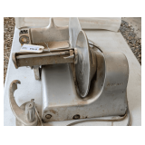 Hobart Electric Meat Slicer with Edlund Steel Table Can Opener Attachment  ( hand press on  meat slicer needs replacing)