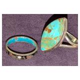 Sterling Silver Gemstone Ring & Old Gemstone Inlay  Enameled Ring With Tribal Design Both Size 7