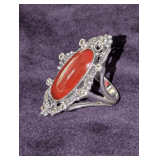 Large Sterling Silver Carnelian and Hematite Ring Size 7.5