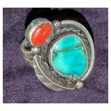 Vintage PLATA 90 (Sterling) Turquoise and Coral Ring Size 6.5