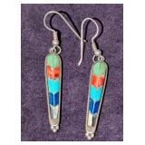 Sterling Silver Turquoise, Coral, Lapis, Moonstone and Onyx Dangle Earrings