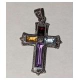 Sterling Silver Garnet, Blue Topaz, Citrine & Amethyst Cross Pendant 6.8 GRAMS (Gemstones Tested With Presidium Duo Tester)