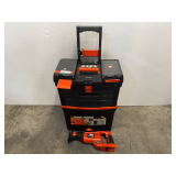 Black & Decker workmate series, rolling Mastercart stacking toolboxes with hand tool assortment, also comes with a Black & Decker fire storm, 14.4 V reciprocating saw, no battery no charger,. See pict