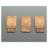 Avoirdupois ounce copper bar, with Morgan dollar design, set of three, tub is not included, see pictures for details.