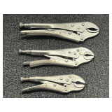 Vise grip locking pliers, set of three, see pictures for details.