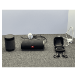 Assorted items to include JBL speaker, Beats by Dre Powerbeats Pro wireless earphones, wireless speaker, and more. Working condition unknown on these items, see pictures for details.