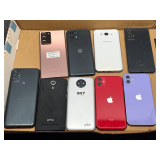 Cell phone assortment, includes Motorola, Samsung, Apple, and more, nine pieces total, working condition unknown. See pictures for details.