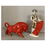 VINTAGE RED BULL CERAMIC FIGURINE 6" TALL X 10" LONG & VINTAGE CERAMIC MATADOR 11" TALL