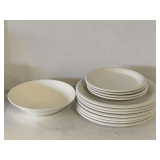 WHITE STONEWARE SET - 7 DINNER PLATES & 4 BREAD/SALAD PLATES & 1 VINTAGE WHITE SERVING BOWL