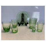 7 PIECES OF VINTAGE GREEN GLASS TO INCLUDE JEANNETTE GLASS "DORIC GREEN" GOBLET, VINTAGE ANCHOR HOCKING GLASS "BLOCK OPTIC" BREAD PLATE, VINTAGE ANCHOR HOCKING GLASS "PILLAR OPTIC" JUICE GLASS & MORE