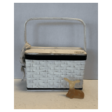 VINTAGE WHITE BASKET/POCKETBOOK & VINTAGE AVON "PRECIOUS DOE" DECANTER FULL OF COLOGNE