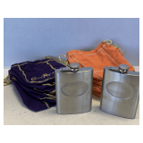2 STAINLESS FLASKS & 14 CROWN ROYAL BAGS