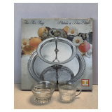 VINTAGE 2 TIER SILVER PLATE TRAY IN BOX BY IRVINWARE & VINTAGE HEISEY BANDED PUNCH CUP & VINTAGE MANHATTAN SMALL BOWL