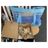 BOX OF SHELLS, BLUE MESH BEACH BAG & 4 NEW RATTAN BEACH MATS