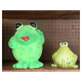 2 CERAMIC GREEN FROGS - 11" TALL X 8" WIDE, 6" TALL X 6 1/2" WIDE