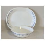 VINTAGE CORELLE WARE "MORNING BLUE" OVAL PLATTER & ROUND SERVING BOWL