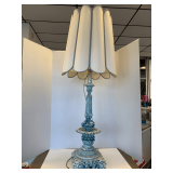 VERY TALL MID CENTURY MODERN ORNATE CERAMIC TURQUOISE TABLE LAMP WITH VERY UNIQUE SHADE 44" TALL