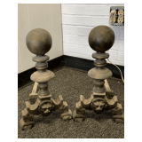 PAIR OF VINTAGE HEAVY METAL FRENCH LOUIS XIV STYLE BRONZE FIGURAL ANDIRONS WITH CANNONBALL TIP 17" TALL X 18" DEEP X 9 1/2