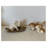 PINK BISQUE PIG ON LEAF 7" LONG X 4" TALL & 3 VINTAGE PORCELAIN PUPPIES 4" LONG X 2 3/4" TALL
