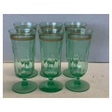 VINTAGE SET OF 6 LIGHT GREEN WITH ETCHING CHAMPAGNE FLUTES
