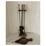 BLACK & BRASS FIREPLACE SET & VINTAGE FIREPLACE BELLOWS