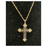 NEW BLACK SPINAL 18K YELLOW GOLD OVER STERLING SILVER CROSS PENDANT WITH CHAIN - CHAIN 19" LONG, CROSS 2" LONG (APPROX 7.43 GRAMS)
