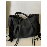 LARGE BLACK VINYL FRINGE TOTE BAG 17" WIDE X 11" TALL
