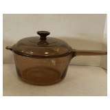 VINTAGE CORNING VISION WARE AMBER GLASS 2.5L SAUCE PAN WITH LID