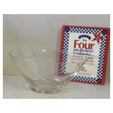 LARGE CLEAR GLASS SALAD BOWL 11" ROUND X 6" TALL & COOKBOOK