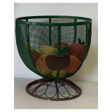 LARGE METAL APPLE THEMED PEDESTAL BASKET WITH ARTIFICIAL FRUIT 10" TALL X 10" ROUND
