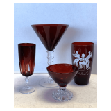 VINTAGE RUBY RED WITH CLEAR STEMS, EXTRA LARGE WINE GLASS PATTERN "HEXIMER", VINTAGE RUBY RED & CLEAR PARFAIT/CHAMPAGNE GLASS BY CRISTAL D