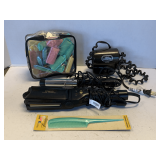 SHELF LOT TO INCLUDE CONAIR CERAMIC STRAIGHTENER, CURLING IRON & MORE