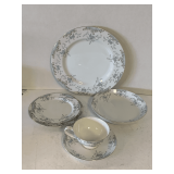 VINTAGE MIKASA FINE CHINA "BEVILLE" (WHITE WITH PATTERNS OF BLUE ROSES W/ GOLD TRIM) - 6 PLACE SETTING