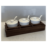NEW CONDIMENT SET - 3 BOWLS & WOOD TRAY 12 X 5 1/4