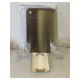 SILVER TARNISH CLEANING TRAY 12" X 7 3/4", SMALL HAND PAINTED VANITY TRAY 7 1/2" X 4 1/2", 2 PRESSED GLASS WHISKEY GLASSES