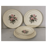 HARTVER POTTERY CO 22K GOLD TRIM "WILD ROSE BOUQUET" - 3 DINNER PLATES & 2 SOUP BOWLS