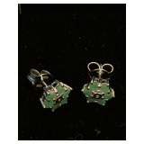 925 STERLING SILVER WITH EMERALDS & DIAMONDS FLOWER STUD EARRINGS