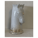 WHITE CERAMIC "KNIGHT" FLOWER VASE WITH GOLD TRIM 9" TALL X 4 1/2" WIDE