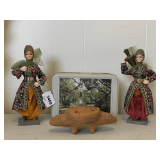 PAIR OF VINTAGE SOUVENIR DOLLS "TURKEY" 8 1/2" TALL, VINTAGE HANDMADE TERRACOTTA CARVED TURTLE 6 1/2" LONG X 2" TALL, FLUTE FROM MEXICO & SAVANNAH TIN