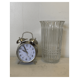 SHARP QUARTZ TWIN BELL ALARM CLOCK 6 3/4" TALL X 4 1/2" WIDE & VINTAGE HEAVY RIBBED FLOWER VASE 9" TALL X 5" ROUND