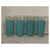 SET OF 4 VINTAGE HAZEL ATLAS WATER GLASSES AQUA/TEAL BASKET WEAVE WITH GOLD TRIM