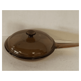 VINTAGE CORNING VISION WARE AMBER GLASS 10 1/2" SKILLET WITH LID