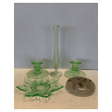 SHELF LOT OF VINTAGE LIGHT GREEN GLASS - VINTAGE LIT GREEN SWUNG DEPRESSION GLASS BUD VASE, PAIR OF VINTAGE DEPRESSION GLASS CANDLESTICKS (URANIUM) & MORE